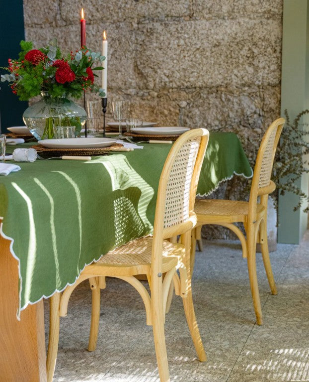 Green Linen Tablecloth - White Scalloped Edge