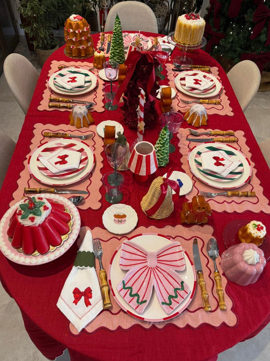 Red Linen Tablecloth - White Scalloped Edge - Large